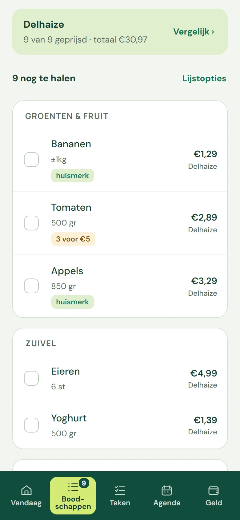 Boodschappen per gangpad, met prijzen (fictieve voorbeeldgegevens).