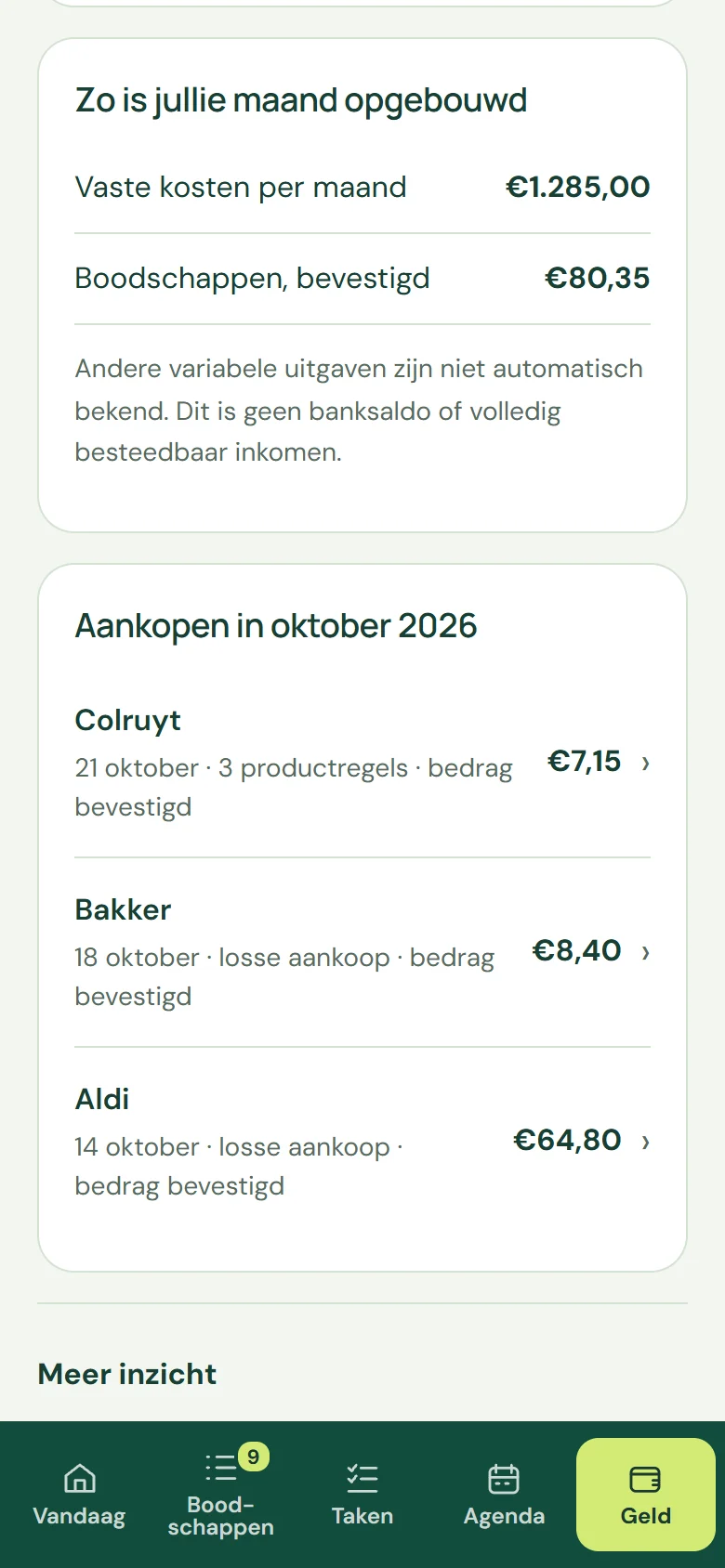 Je maand: de opbouw van de maand en aankopen met een bevestigd bedrag (fictieve voorbeeldgegevens).