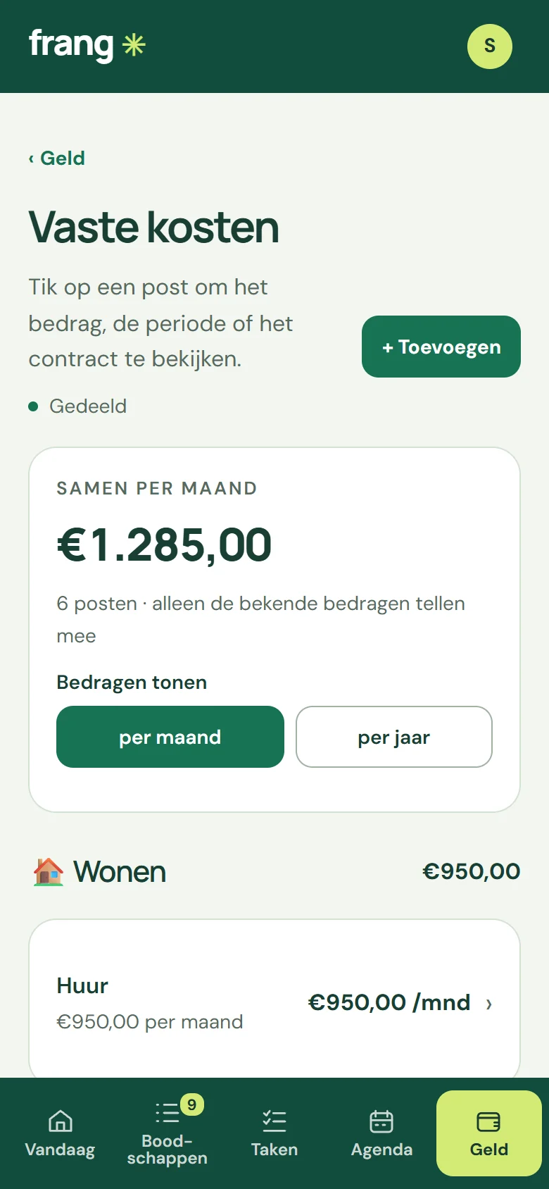 Vaste kosten per soort, per maand of per jaar (fictieve voorbeeldgegevens).