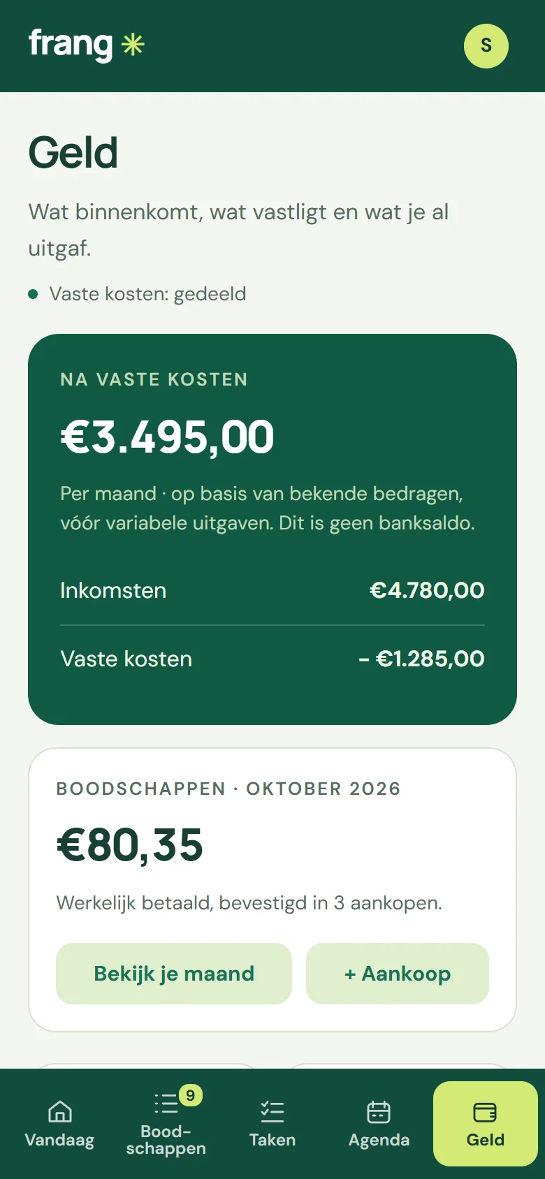 Geld: wat er na de vaste kosten overblijft (fictieve voorbeeldgegevens).