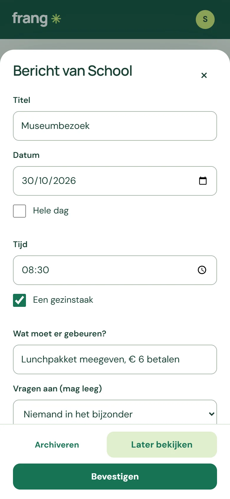Een geplakt schoolbericht wordt een voorstel voor een afspraak en een taak (fictieve voorbeeldgegevens).