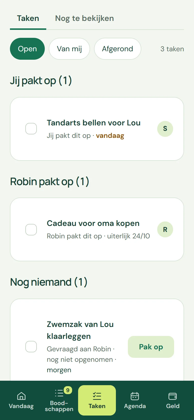 Taken: wie pakt wat op, en wat aan wie gevraagd is (fictieve voorbeeldgegevens).